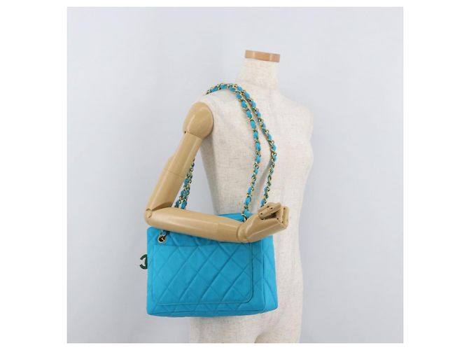CHANEL Matelasse Chain Shoulder Bag Nylon Blue Gold CC Auth 181801SV D'oro - vista 26