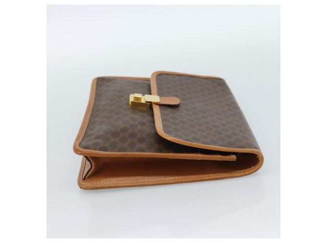 Céline Clutch CELINE Macadam Canvas PVC Pelle Marrone Oro Auth 183398A D'oro - vista 3