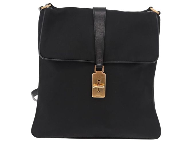 Bolsa de Ombro PRADA Nylon Preto Gold Auth 183882A Dourado - vista 13