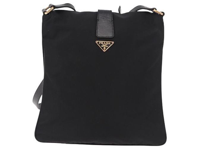 Bolsa de Ombro PRADA Nylon Preto Gold Auth 183882A Dourado - vista 2