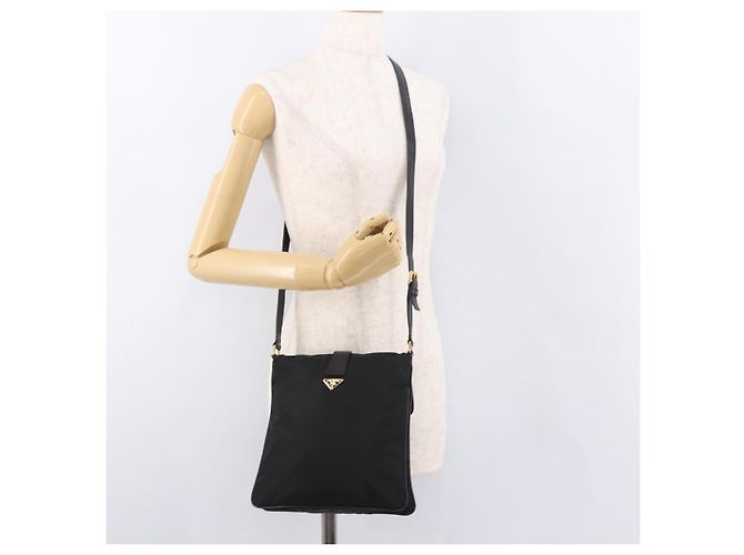 Bolsa de Ombro PRADA Nylon Preto Gold Auth 183882A Dourado - vista 24