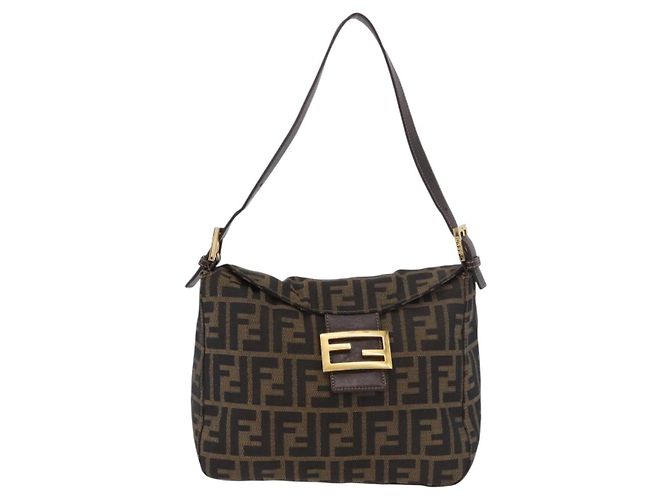FENDI Zucca Canvas Mamma Baguette Borsa a Spalla Nero Marrone Oro Auth am11782V D'oro - vista 13