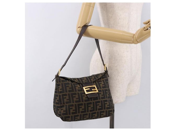 FENDI Zucca Canvas Mamma Baguette Borsa a Spalla Nero Marrone Oro Auth am11782V D'oro - vista 25