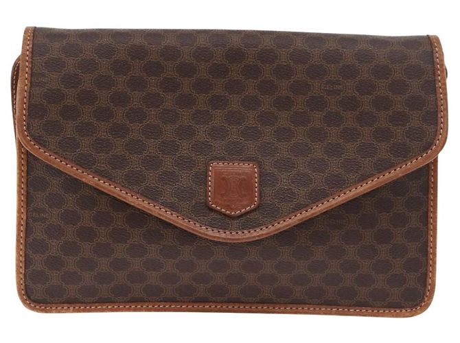Céline Borsa a Spalla CELINE Macadam Canvas PVC Pelle Marrone Oro Auth 183962 D'oro - vista 13