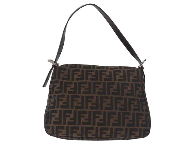 FENDI Zucca Canvas Mamma Baguette Shoulder Bag Black Brown Auth am11778V Marrone Nero - vista 2