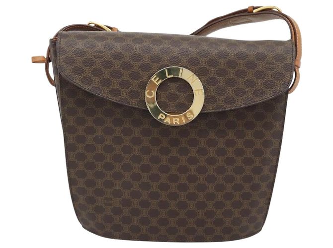 Céline Borsa a tracolla circolare CELINE Macadam Canvas PVC Pelle Marrone Oro Auth 183857A D'oro - vista 13