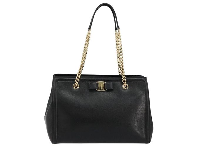Bolso de hombro Salvatore Ferragamo Vala Chain de cuero negro y dorado Auth ka4612V - vista 13