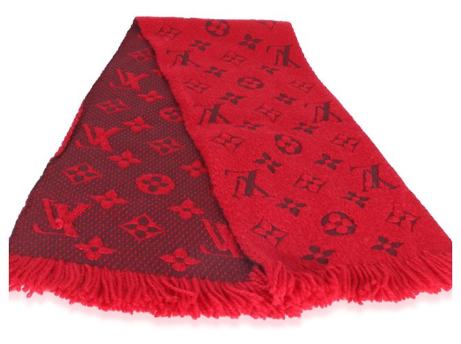 Sciarpa Louis Vuitton Red Monogram Wool Logomania con frange - vista 4
