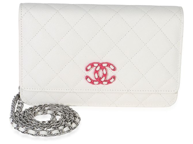 Wallet On Chain Portafoglio con catena Chanel White Pink Matelassé Caviar Woven CC Rosa Bianco - vista 8