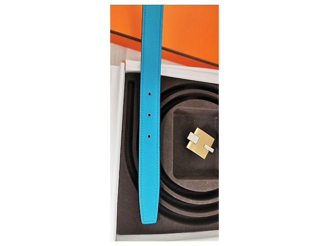 Cintura Hermès Reversibile 24mm Pelle Blu e Bianca Oro Bianco - vista 12