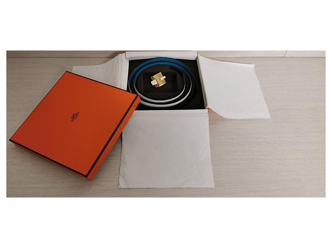 Cintura Hermès Reversibile 24mm Pelle Blu e Bianca Oro Bianco - vista 15