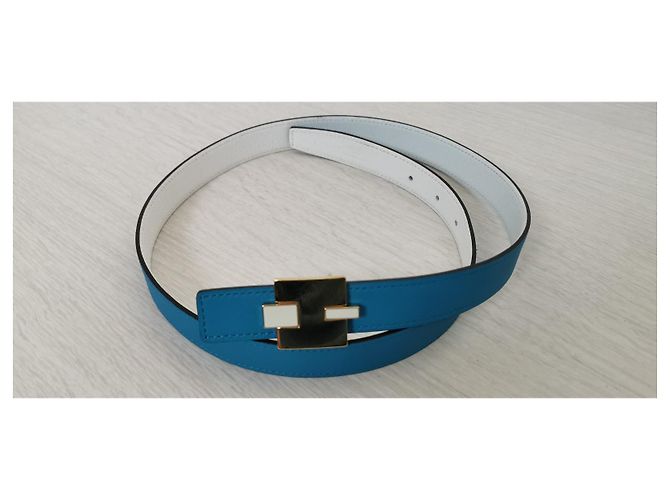 Cintura Hermès Reversibile 24mm Pelle Blu e Bianca Oro Bianco - vista 2
