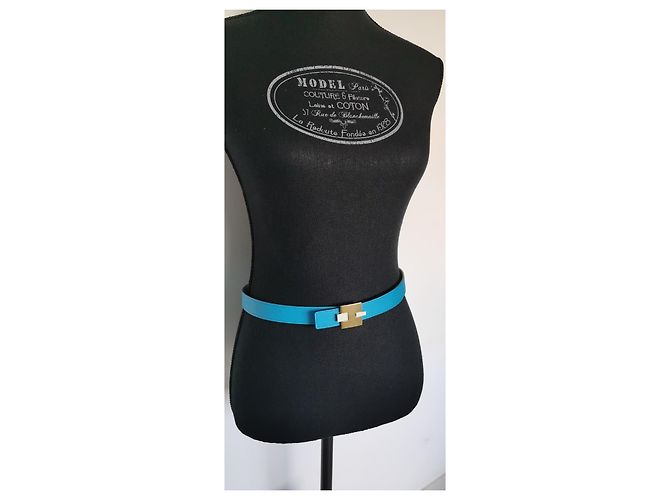 Cintura Hermès Reversibile 24mm Pelle Blu e Bianca Oro Bianco - vista 3