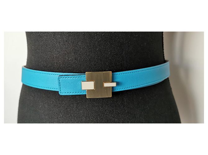 Cintura Hermès Reversibile 24mm Pelle Blu e Bianca Oro Bianco - vista 5