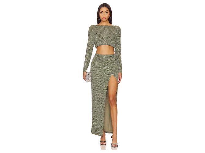 Autre Marque Camila Coelho Completo Gonna e Crop Top in Paillettes Verde - vista 9