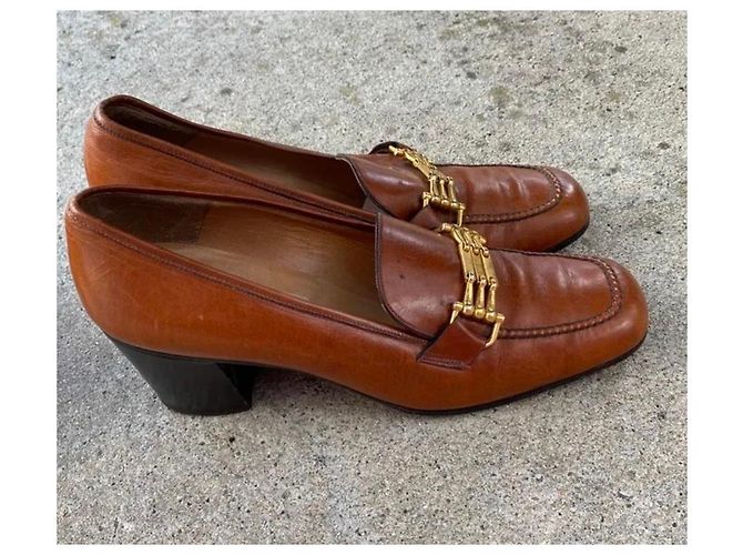 Céline Brown Leather Heeled Loafers with Gold Buckle - view 2