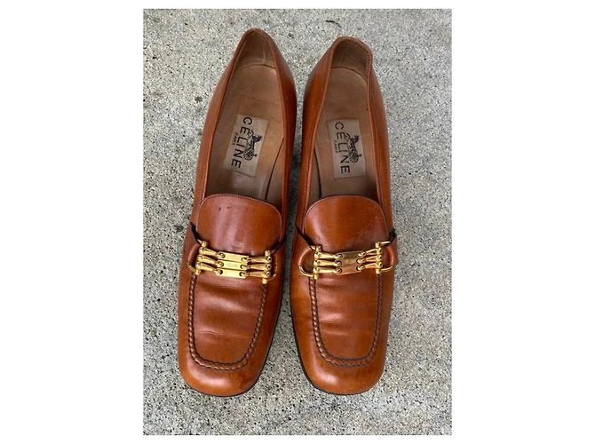 Céline Brown Leather Heeled Loafers with Gold Buckle - view 3