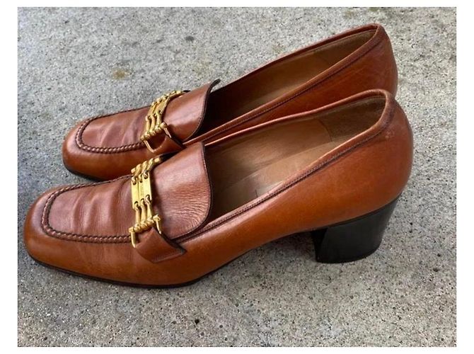 Céline Brown Leather Heeled Loafers with Gold Buckle - view 4