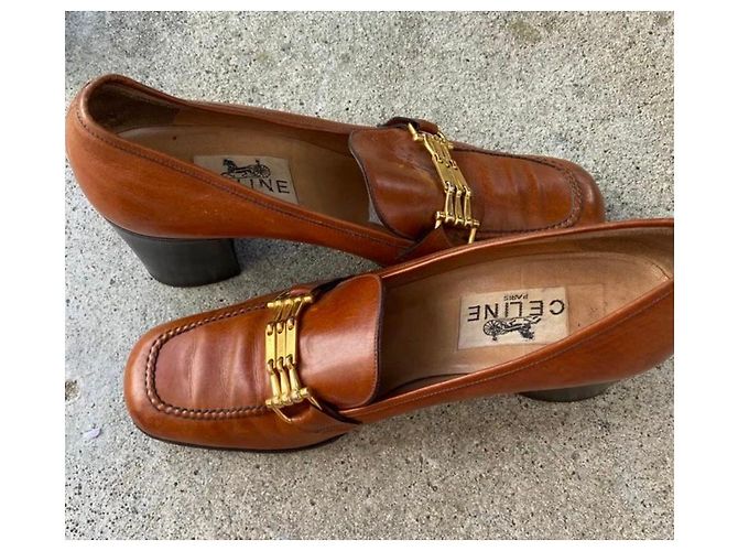 Céline Brown Leather Heeled Loafers with Gold Buckle - view 5