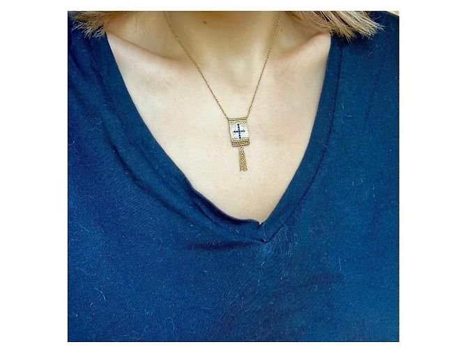Autre Marque Collana Placcata Oro con Pendente a Croce e Zirconi Blu D'oro - vista 11