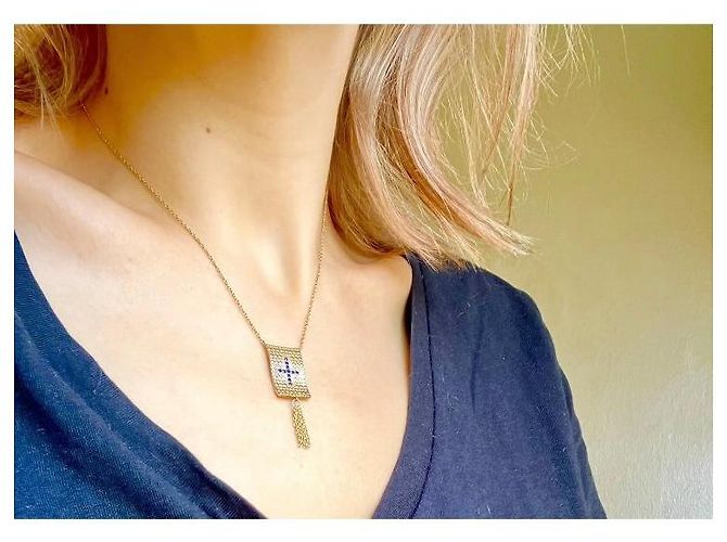 Autre Marque Collana Placcata Oro con Pendente a Croce e Zirconi Blu D'oro - vista 6