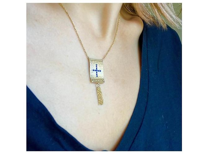 Autre Marque Collana Placcata Oro con Pendente a Croce e Zirconi Blu D'oro - vista 7