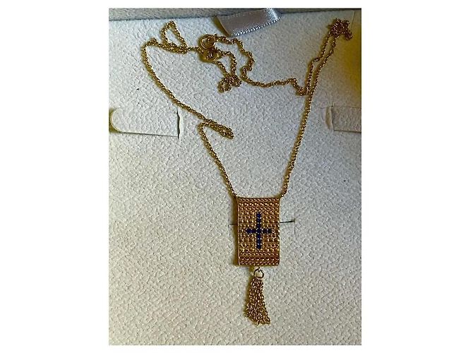 Autre Marque Collana Placcata Oro con Pendente a Croce e Zirconi Blu D'oro - vista 8