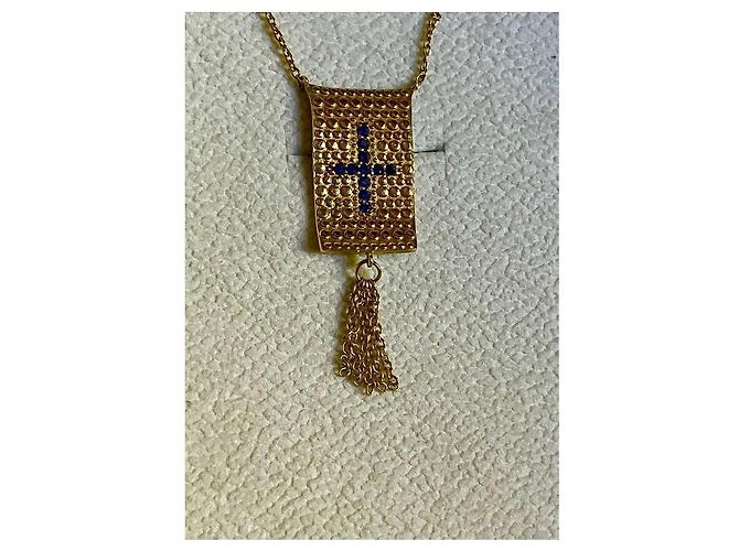Autre Marque Collana Placcata Oro con Pendente a Croce e Zirconi Blu D'oro - vista 9