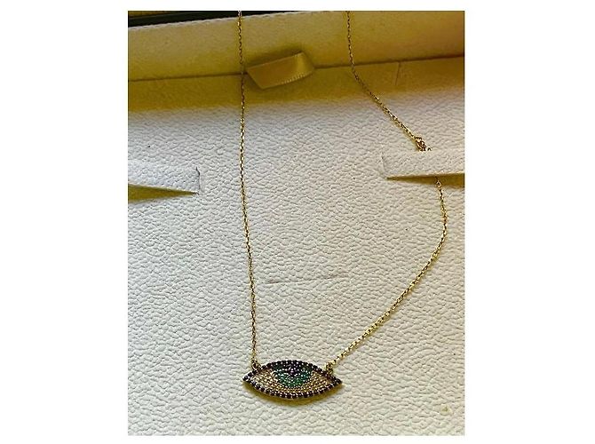 Autre Marque Collana Malocchio in Argento Placcato Oro con Zirconi Nero Bianco Blu Verde - vista 2
