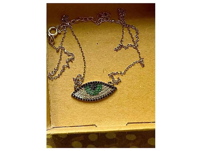 Autre Marque Collana Malocchio in Argento Placcato Oro con Zirconi Nero Bianco Blu Verde - vista 4