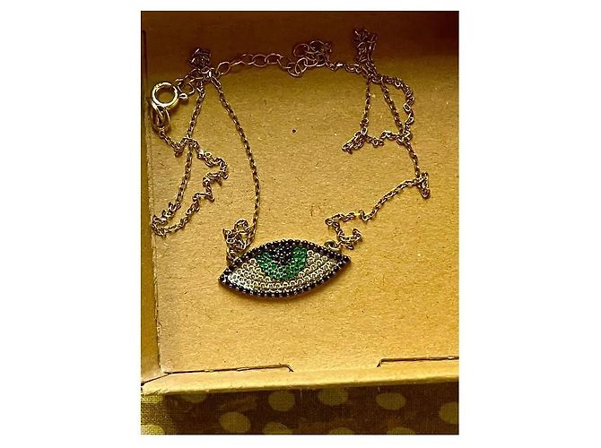 Autre Marque Collana Malocchio in Argento Placcato Oro con Zirconi Nero Bianco Blu Verde - vista 6