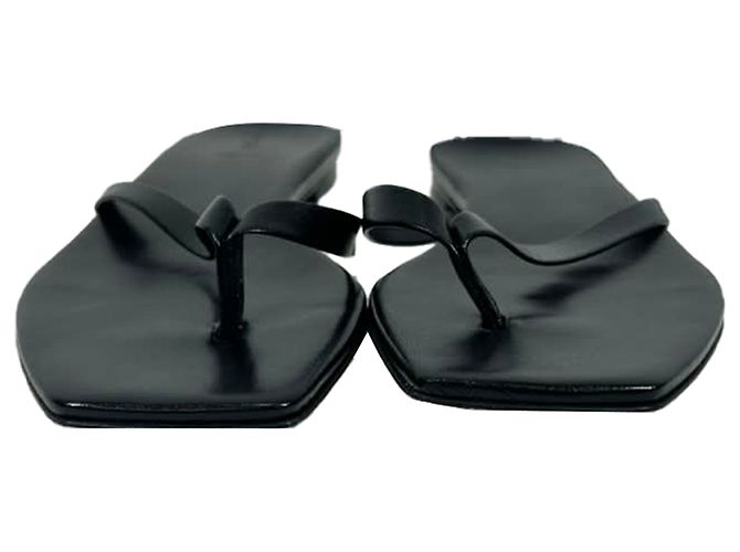 Aeyde Square-Toe Thong Slide Flat Sandals in Black Leather - view 2