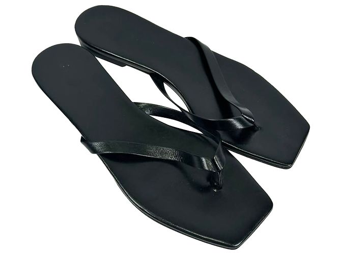 Aeyde Square-Toe Thong Slide Flat Sandals in Black Leather - view 6