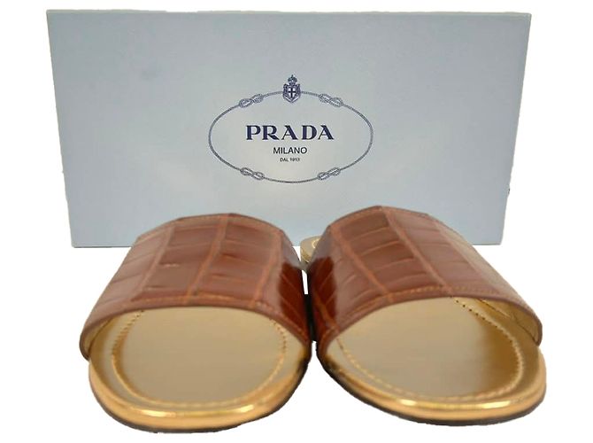 Sandali piatti slide in pelle marrone con effetto coccodrillo Prada Rosso - vista 11