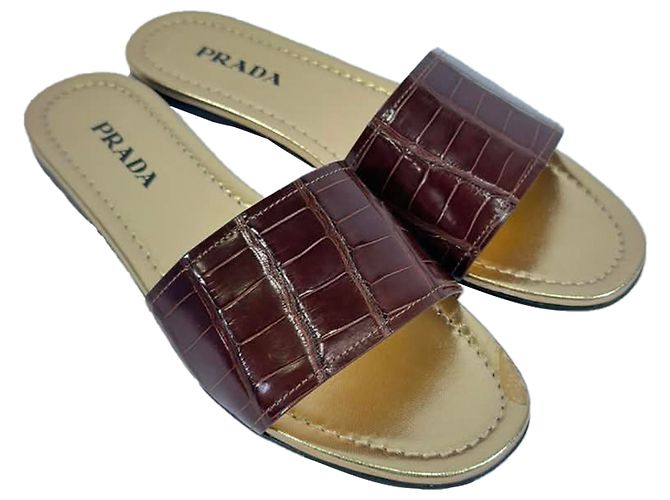 Sandali piatti slide in pelle marrone con effetto coccodrillo Prada Rosso - vista 6