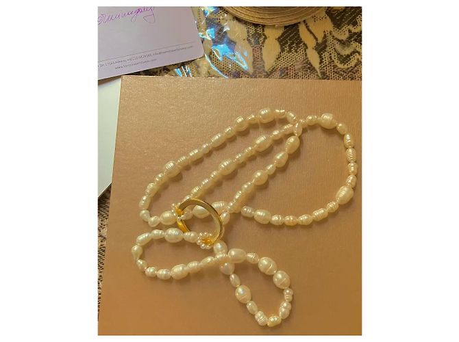 Autre Marque Colar de pérolas de água doce com anel dourado Branco - vista 5