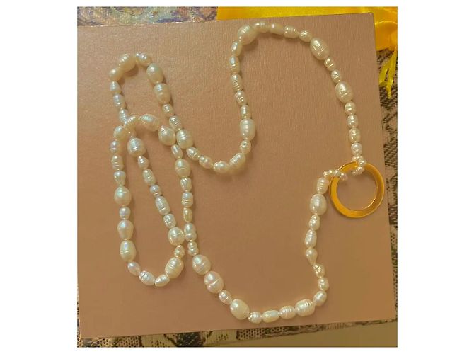 Autre Marque Colar de pérolas de água doce com anel dourado Branco - vista 7
