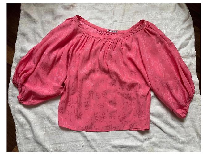 Saint Laurent Rive Gauche Rosa Seidenbluse mit Schleifenmuster Pink - Ansicht 2