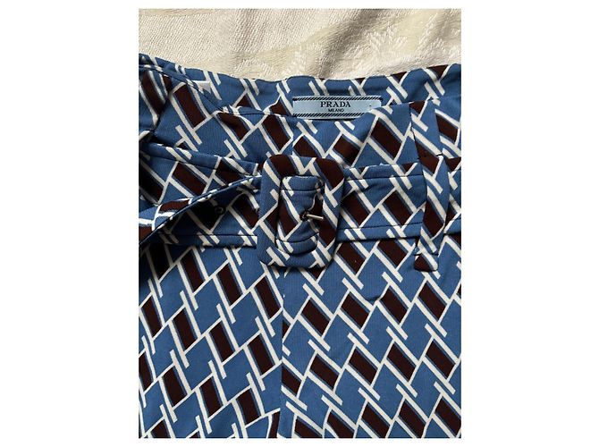 Prada Calça Larga Estampada em Viscose Marrom Branco Azul - vista 7