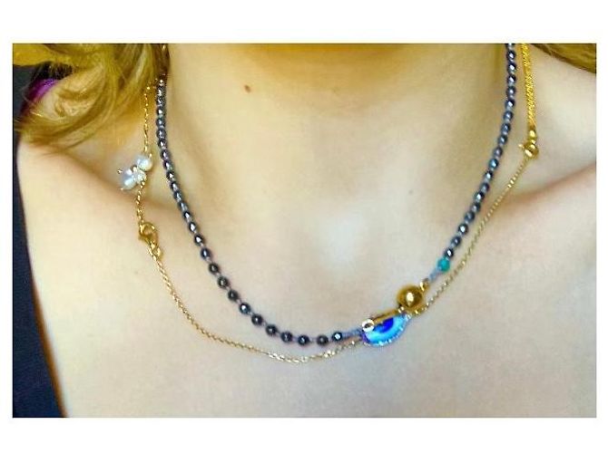 Autre Marque Collana multi-filo in perline e pietre preziose con chiusura dorata Rosso D'oro Verde - vista 10
