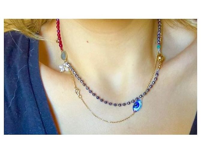 Autre Marque Collana multi-filo in perline e pietre preziose con chiusura dorata Rosso D'oro Verde - vista 11