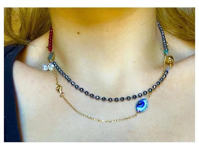 Autre Marque Collana multi-filo in perline e pietre preziose con chiusura dorata Rosso D'oro Verde - vista 12