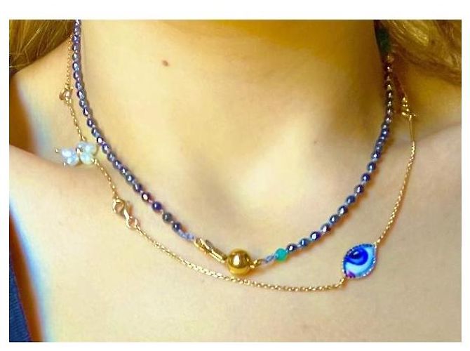 Autre Marque Collana multi-filo in perline e pietre preziose con chiusura dorata Rosso D'oro Verde - vista 14