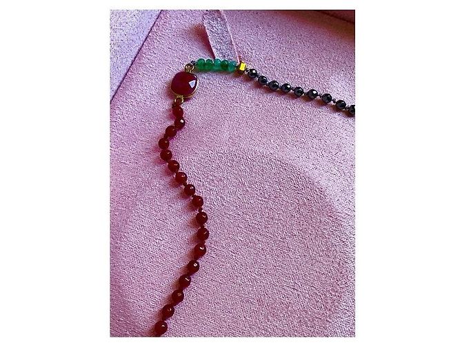 Autre Marque Collana multi-filo in perline e pietre preziose con chiusura dorata Rosso D'oro Verde - vista 3