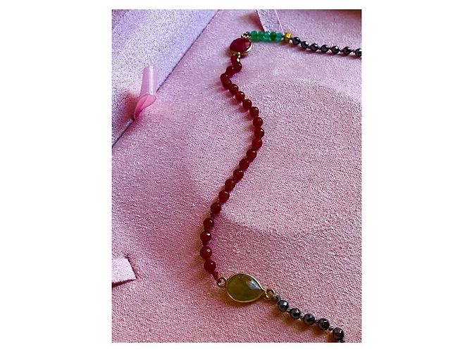 Autre Marque Collana multi-filo in perline e pietre preziose con chiusura dorata Rosso D'oro Verde - vista 4