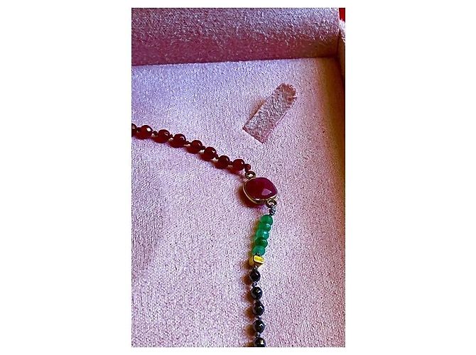 Autre Marque Collana multi-filo in perline e pietre preziose con chiusura dorata Rosso D'oro Verde - vista 5