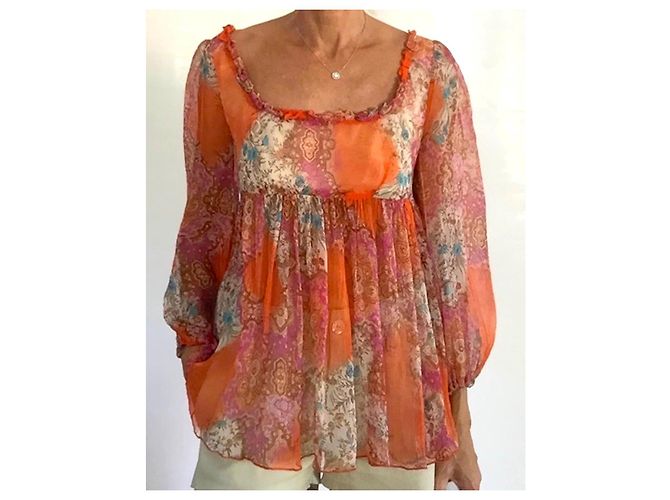 Etro Blusa de Seda con Estampado Paisley Naranja Castaño Rosa Blanco Azul - vista 2