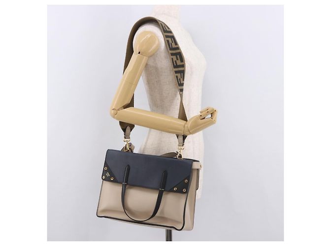 Bolsa Tote FENDI Flip de couro 3way Navy Gold Auth bs35380A Dourado Azul marinho - vista 27