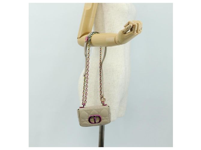 Sac Christian Dior Caro Micro Chain Canage en peau d'agneau beige or Auth 182573SAM Doré - vue 23