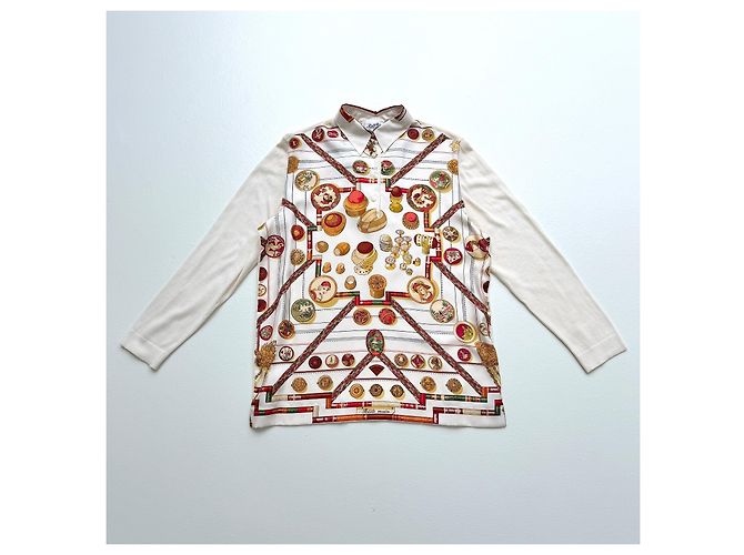 Hermès Suéter polo de seda y cachemira "Petite Main", Talla M Blanco Multicolor Beige - vista 3